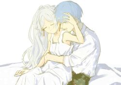 Rule 34 | 1boy, 1girl, blue hair, chamwa, closed eyes, closed mouth, collared shirt, commentary, dress, earrings, elf, english commentary, frieren, hand on another&#039;s head, hetero, himmel (sousou no frieren), hug, hug from behind, jewelry, long hair, long sleeves, mole, mole under eye, open mouth, pointy ears, shirt, shirt tucked in, short hair, simple background, sitting, sleeveless, sleeveless dress, smile, sousou no frieren, white background, white dress, white hair, white shirt