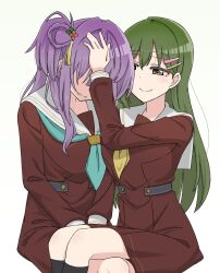 Rule 34 | 2girls, aqua neckerchief, breasts, brown dress, check commentary, clenched teeth, comforting, commentary request, covered eyes, dress, flower, green hair, hair bun, hair flower, hair ornament, hairclip, half-closed eyes, hand on another&#039;s head, hands on lap, hasu no sora school uniform, head down, highres, large breasts, link! like! love live!, long hair, long sleeves, looking at another, love live!, multiple girls, neckerchief, oogami sachi, otomune kozue, pleated dress, purple hair, red flower, sailor collar, sailor dress, school uniform, side ponytail, sidelocks, simple background, single side bun, sitting, sitting on lap, sitting on person, smile, teeth, tetetsu (yuns4877), upper body, white background, white sailor collar, winter uniform, yellow neckerchief