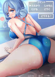 Rule 34 | 1girl, absurdres, ass, back, blue eyes, blue hair, blue one-piece swimsuit, breasts, competition swimsuit, exercising, gotland (kancolle), hair between eyes, highres, kantai collection, large breasts, long hair, looking at viewer, looking back, mole, mole under eye, no count 0000, one-piece swimsuit, open mouth, pool, poolside, smile, solo, spread legs, swimsuit