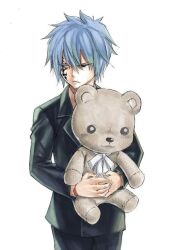 Rule 34 | 1boy, blue hair, facial mark, fairy tail, formal, hair between eyes, holding, holding stuffed toy, jellal fernandes, long sleeves, looking away, male focus, mashima hiro, simple background, solo, spiked hair, stuffed animal, stuffed toy, suit, tattoo, teddy bear, white background