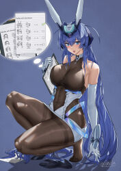 Rule 34 | 1girl, absurdly long hair, absurdres, aegir (azur lane), arm support, azur lane, bare shoulders, belfast (azur lane), black footwear, blue background, blue eyes, blue hair, blush, bodystocking, breasts, chinese commentary, cleavage, clipboard, clothing cutout, collarbone, commentary request, covered navel, dido (azur lane), dress, elbow gloves, formidable (azur lane), full body, gloves, hair between eyes, hair intakes, high heels, highres, holding, holding clipboard, large breasts, long hair, looking at viewer, new jersey (azur lane), open mouth, paper, see-through, see-through cleavage, shadow, shoes, side cutout, sidelocks, signature, single shoe, sirius (azur lane), solo, squatting, st. louis (azur lane), taihou (azur lane), vambraces, very long hair, volkein, white dress, white gloves