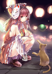 Rule 34 | 1girl, amane ruri, ascot, bag, bagged fish, bare shoulders, bow, brown hair, cat, detached sleeves, fish, fox mask, frilled skirt, frills, hair bow, hair tubes, hakurei reimu, long hair, mask, red bow, red skirt, ribbon-trimmed sleeves, ribbon trim, sidelocks, skirt, solo, squatting, squid, touhou, vest, yellow eyes