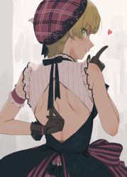 Rule 34 | 10s, 1girl, arm behind back, armband, back, backless dress, backless outfit, beret, black dress, black gloves, black ribbon, blonde hair, bow, closed mouth, daifukumochi (qquuiieett), dress, eyelashes, fingernails, frilled armband, frilled dress, frilled gloves, frills, from behind, gloves, green eyes, hand up, hat, hat ribbon, heart, highres, idolmaster, idolmaster cinderella girls, index finger raised, indoors, looking at viewer, looking back, miyamoto frederica, nail polish, plaid, plaid headwear, profile, purple hat, red nails, ribbon, see-through, short hair, smile, solo, striped, striped bow, untying, upper body