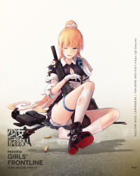 Rule 34 | 1girl, apron, assault rifle, backpack, bag, unworn bag, black dress, black footwear, blonde hair, blue eyes, blush, boots, breasts, bullet, bullpup, character name, cleavage, commentary request, copyright name, dress, girls&#039; frontline, gloves, gun, highres, holding, holding weapon, legs, long hair, looking at viewer, medium breasts, official art, on floor, one eye closed, open mouth, ponytail, rifle, school uniform, simple background, sitting, socks, solo, state space agency of ukraine, tears, thighs, torn clothes, torn dress, torn socks, ukrainian flag, vepr, vepr (girls&#039; frontline), weapon, white apron, white gloves, white socks, yaya (teeth)