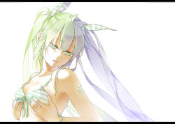 Rule 34 | 1girl, bad id, bad pixiv id, bare shoulders, bikini, bikini top only, gradient hair, green eyes, green hair, hands on own chest, hatsune miku, letterboxed, long hair, matching hair/eyes, momozi (mkingnight), multicolored hair, nail polish, solo, swimsuit, twintails, vocaloid
