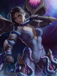Rule 34 | 1girl, black gloves, bodysuit, breasts, clenched hand, collarbone, cowboy shot, gloves, grey bodysuit, hand up, highres, kai&#039;sa, large breasts, league of legends, legs apart, monster, purple background, restrained, solo, star (symbol), starry background, teeth, tentacles, themaestronoob, watermark, web address, wings