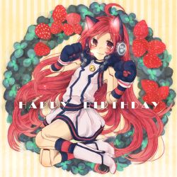 Rule 34 | 1girl, ahoge, animal ear headphones, animal ears, bad id, bad pixiv id, bell, belt, blush, boots, cat ear headphones, cat ears, dress, fake animal ears, food, fruit, gloves, headphones, joints, long hair, microphone, red eyes, red hair, robot joints, sf-a2 miki, shirozatou, socks, solo, strawberry, text focus, vocaloid