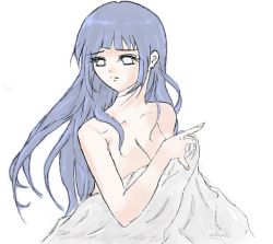 Rule 34 | 1girl, bed, bed sheet, blue hair, breasts, cleavage, covering privates, covering breasts, empty eyes, eyelashes, frown, glaring, hyuuga hinata, lems, long hair, muted color, naked sheet, naruto, naruto (series), nude, signature, simple background, solo, upper body, white background