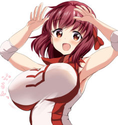 Rule 34 | 10s, 1girl, :d, armpits, arms up, bouncing breasts, breasts, brown eyes, brown hair, commentary request, elbow pads, girls und panzer, headband, kondou taeko, large breasts, looking at viewer, open mouth, ponytail korosuke, red headband, red shirt, shirt, short hair, sleeveless, sleeveless shirt, smile, solo, sportswear, standing, upper body, volleyball uniform