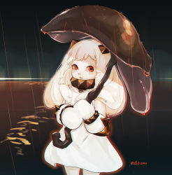 Rule 34 | 1girl, abyssal ship, bracelet, chromatic aberration, collar, colored skin, dated, dress, fuwafuwatoufu, highres, horns, jewelry, kantai collection, long hair, mittens, northern ocean princess, orange eyes, rain, solo, spiked bracelet, spiked collar, spikes, umbrella, white dress, white hair, white mittens, white skin