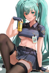 Rule 34 | 1girl, :d, absurdres, aqua eyes, aqua hair, bad id, bad pixiv id, belt, belt buckle, black gloves, black shirt, black skirt, breasts, brown thighhighs, buckle, can, cigarette, crop top, fingerless gloves, gloves, grin, hatsune miku, highres, holding, holding can, id card, knee up, large breasts, long hair, looking at viewer, miniskirt, monster energy, navel, open mouth, parted lips, pleated skirt, setakman, shirt, short sleeves, skirt, smile, solo, thighhighs, twintails, underboob, very long hair, vocaloid