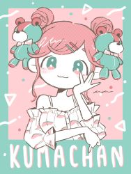 Rule 34 | 1girl, :3, aqua border, aqua eyes, bare shoulders, bear hair ornament, blush, border, bow, bowtie, closed mouth, double bun, elbow rest, food print, frilled shirt, frilled sleeves, frills, hair bun, hair ornament, hairclip, halftone, hand on own cheek, hand on own face, hand up, head rest, head tilt, highres, keke (kotowari), limited palette, long sleeves, looking at viewer, multicolored eyes, multicolored nails, nail polish, no nose, off-shoulder shirt, off shoulder, original, outside border, pink background, pink eyes, pink hair, pink shirt, print shirt, puffy long sleeves, puffy sleeves, romaji text, shirt, signature, sleeves past elbows, smile, solo, spaghetti strap, straight-on, striped bow, striped bowtie, striped clothes, striped neckwear, stuffed animal, stuffed toy, swept bangs, tareme, teddy bear, upper body