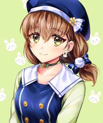 Rule 34 | 1girl, alternate hairstyle, bad id, bad pixiv id, bang dream!, beret, blue bow, blue hat, bow, brown hair, buttons, choker, cosplay, double-breasted, earrings, flower, flower choker, gochuumon wa usagi desu ka?, green background, green choker, hair bow, hat, hat flower, jewelry, long hair, looking at viewer, minori (faddy), pom pom (clothes), rabbit background, rabbit earrings, raglan sleeves, smile, solo, striped, striped bow, twintails, upper body, yamato maya