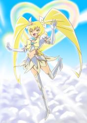 Rule 34 | 10s, 1girl, blonde hair, boots, bow, brooch, choker, cure sunshine, cure sunshine (super silhouette), elbow gloves, full body, gloves, heart, heart brooch, heartcatch precure!, high heel boots, high heels, highres, jewelry, long hair, magical girl, midriff, myoudouin itsuki, navel, peke (nariyuki koubou), precure, ribbon, shoes, skirt, smile, solo, standing, standing on one leg, super silhouette (heartcatch precure!), thigh boots, thighhighs, tiara, twintails, white gloves, white thighhighs, yellow bow, yellow eyes, yellow theme