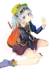 Rule 34 | 1girl, :o, absurdres, backpack, bad id, bad pixiv id, bag, benio (dontsugel), blue eyes, blue footwear, blue hair, boots, collared shirt, derivative work, dress, dress shirt, goggles, goggles on head, green socks, hair bobbles, hair ornament, hair ribbon, hand up, hat, highres, kawashiro nitori, key, long sleeves, looking at viewer, matching hair/eyes, nmaaaaa, open mouth, pocket, ribbon, shirt, short hair, simple background, sitting, skirt, skirt set, socks, solo, touhou, twintails, two side up, wariza, white background, white shirt
