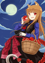 Rule 34 | 1girl, animal ears, apple, bad id, bad pixiv id, brown hair, cloud, dress, food, fruit, full moon, holo, long hair, moon, nean, night, pouch, red eyes, solo, spice and wolf, wolf ears