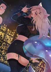 Rule 34 | 2girls, ah-lyong lee, ahri (league of legends), animal ears, back, bare shoulders, black legwear, black skirt, blonde hair, blue hair, blush, crowd, dated, drooling, eyeshadow, facial mark, fang, fingernails, fox ears, fox girl, green eyeshadow, heart, highres, holding, holding microphone, kai&#039;sa, kitsune, league of legends, long fingernails, long hair, looking at another, makeup, microphone, multiple girls, music, open mouth, puffy sleeves, purple eyes, pussy juice, saliva, see-through, sex toy, signature, singing, skirt, sparkle, sweat, tail, teeth, the baddest ahri, the baddest kai&#039;sa, tongue, upper teeth only, vibrator, voyeurism, whisker markings, wide-eyed
