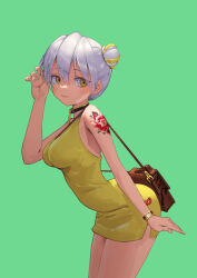 Rule 34 | 1girl, aduo, bag, bare shoulders, between breasts, breasts, closed mouth, dress, green background, grey hair, hair bun, highres, jewelry, leaning forward, looking at viewer, medium breasts, necklace, short hair, shoulder bag, shoulder tattoo, simple background, single hair bun, single side bun, sleeveless, sleeveless dress, solo, strap between breasts, tattoo, watch, wristwatch, yellow dress, yellow eyes