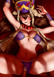 Rule 34 | 1boy, 1girl, bar censor, bare shoulders, bead necklace, beads, bikini, bikini bottom aside, blush, breasts, bridal gauntlets, brown hair, censored, cleavage, clothing aside, fate/grand order, fate (series), hair between eyes, hat, headdress, hetero, highres, jewelry, large breasts, long hair, looking at viewer, lying, missionary, navel, necklace, nimuno (munimuni), on back, open mouth, penis, prayer beads, purple bikini, purple eyes, pussy, sex, smile, solo focus, spread legs, swimsuit, thighs, vaginal, vest, xuangzang sanzang (fate), yellow vest