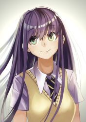 Rule 34 | 1girl, blue eyes, closed mouth, collared shirt, commentary, earrings, jewelry, long hair, luicent, multicolored eyes, original, purple hair, school uniform, shirt, smile, solo, stud earrings, sweater vest, upper body, vest, white shirt, wing collar, yellow eyes, yellow vest