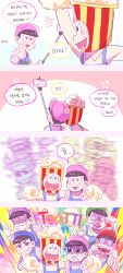 Rule 34 | ..., 10s, 4koma, 6+boys, :3, :d, ^^^, absurdres, afterimage, anger vein, angry, arm around shoulder, arm up, back, bad id, bad pixiv id, black eyes, black hair, blue hat, blunt bangs, blush, brothers, character name, cheek pull, clenched hand, clenched teeth, collared shirt, comic, eyebrows, food, green hat, green headwear, hand on own chin, hands up, hat, heart, heart in mouth, highres, korean text, long sleeves, male focus, matching outfits, matsuno choromatsu, matsuno ichimatsu, matsuno jyushimatsu, matsuno karamatsu, matsuno osomatsu, matsuno todomatsu, mery (yangmalgage), middle finger, motion blur, multiple boys, open mouth, osomatsu-kun, osomatsu-san, outstretched arm, overalls, paw pose, phone, photobomb, pink hat, pom pom (clothes), popcorn, purple hat, red hat, selfie, selfie stick, sextuplets, shirt, siblings, smile, speech bubble, star (symbol), striped, stroking own chin, teeth, translation request, uvula, v, vertical stripes