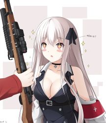 Rule 34 | 1girl, :o, armband, bare shoulders, belt, black choker, black dress, blush stickers, bolt action, breasts, buttons, choker, cleavage, collarbone, detached sleeves, dress, girls&#039; frontline, gun, hair ribbon, highres, holding, holding gun, holding weapon, kar98k (girls&#039; frontline), keenh, large breasts, long hair, looking at viewer, mauser 98, parted lips, red eyes, ribbon, scope, solo, sparkle, sparkling eyes, symbol-shaped pupils, upper body, weapon, white hair, wing collar