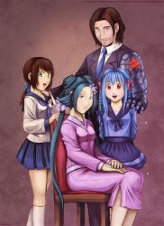 Rule 34 | 10s, 1boy, 3girls, alternate costume, aqua hair, blue eyes, blue hair, blue ribbon, braid, brown hair, commentary, commission, crossover, family, family portrait, fubuki (kancolle), fubuki (victory belles), fubuki (warship girls r), green eyes, hair ornament, hair ribbon, hand on another&#039;s shoulder, highres, james buchanan barnes, jewelry, kantai collection, kneehighs, low ponytail, marvel, melisaongmiqin, multiple girls, name connection, open mouth, prosthesis, prosthetic arm, pun, red eyes, red ribbon, ribbon, ring, sitting, socks, victory belles, warship girls r, wedding band, white legwear