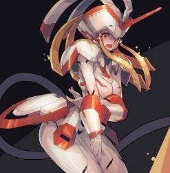 Rule 34 | 10s, artist request, blush, breasts, darling in the franxx, embarrassed, humanoid robot, looking at viewer, mecha, open mouth, red eyes, robot, solo, strelizia, tears