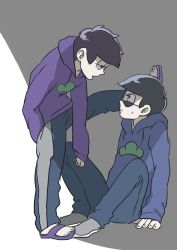 Rule 34 | 10s, 2boys, against wall, bad id, bad twitter id, black hair, bowl cut, brothers, eye contact, feet against wall, foot kabedon, from side, full body, hand in pocket, hood, hood down, hoodie, jitome, kabedon, long sleeves, looking at another, looking down, looking up, male focus, matsuno ichimatsu, matsuno karamatsu, messy hair, multiple boys, no socks, on wall, osomatsu-kun, osomatsu-san, osomatsu (series), pants, sandals, siblings, sitting, sleeves past wrists, standing, standing on one leg, sunglasses, zen nagomi