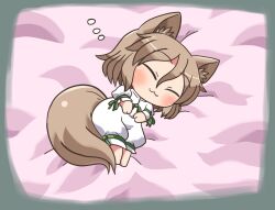 1girl :3 animal_ear_fluff animal_ears barefoot blonde_hair blush closed_eyes closed_mouth commentary_request fox_ears fox_girl fox_tail full_body green_ribbon hair_between_eyes kudamaki_tsukasa lying neck_ribbon on_side ribbon rokugou_daisuke romper short_hair sleeping sleeve_ribbon solo tail touhou white_romper