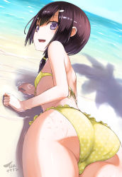 Rule 34 | 1girl, ass, bare arms, bare shoulders, beach, bikini, black hair, day, flat chest, foreshortening, frilled bikini, frills, from behind, front-tie bikini top, front-tie top, green bikini, hair ornament, hairclip, long hair, looking at viewer, looking back, lying, ocean, on stomach, open mouth, original, outdoors, polka dot, polka dot bikini, purple eyes, shoulder blades, sidelocks, smile, solo, swimsuit, tea (nakenashi), tree shade, water, wet
