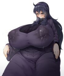 Rule 34 | 1girl, absurdres, ahoge, black hair, blush, breasts, creatures (company), curvy, dress, game freak, gigantic breasts, grin, hairband, hex maniac (pokemon), highres, lactation, lactation through clothes, long hair, nintendo, npc trainer, plump, pokemon, pokemon xy, puffy nipples, purple eyes, sinensian, smile, solo, thick thighs, thighs, wet, wet clothes, wide hips