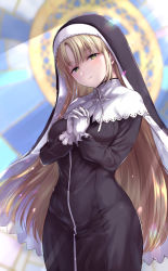 Rule 34 | 1girl, black dress, blonde hair, blurry, blurry background, blush, breasts, brown eyes, capelet, closed mouth, cowboy shot, daishippai, dress, gloves, habit, half-closed eyes, highres, large breasts, light brown hair, long hair, long sleeves, looking at viewer, neck ribbon, nijisanji, nun, own hands clasped, own hands together, parted bangs, ribbon, sister claire, sister claire (1st costume), smile, solo, standing, traditional nun, very long hair, virtual youtuber, white capelet, white gloves, white ribbon