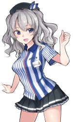 Rule 34 | 10s, 1girl, :d, blue eyes, character name, cowboy shot, employee uniform, eyebrows, hat, highres, kantai collection, kashima (kancolle), lawson, long hair, name tag, open mouth, pleated skirt, revision, shiny skin, shirt, silver hair, simple background, skirt, smile, solo, standing, striped clothes, striped shirt, twintails, uniform, usa b, vertical-striped clothes, vertical-striped shirt, white background