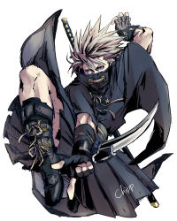 Rule 34 | 1boy, alternate costume, arc system works, arm blade, bad id, bad pixiv id, belt, character name, chipp zanuff, covering own mouth, fingerless gloves, foreshortening, gloves, guilty gear, hakama, hakama skirt, japanese clothes, katana, male focus, ninja, red eyes, rokuro (ryvius), simple background, skirt, solo, sword, weapon, white hair