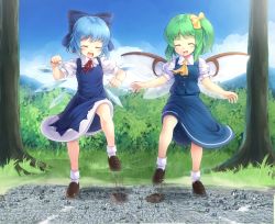 Rule 34 | 2girls, blue bow, blue hair, bow, cirno, city, daiyousei, destruction, closed eyes, fang, green hair, hair bow, ice, ice wings, komimiyako, loafers, multiple girls, open mouth, shoes, size difference, socks, stomping, touhou, wings, yellow bow