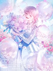 Rule 34 | 1girl, :d, ^ ^, back bow, balloon, blue sky, blunt bangs, blush, bouquet, bow, closed eyes, commission, day, dress, english text, facing viewer, feathers, field, flower, flower field, frills, happy, highres, holding, holding bouquet, jewelry, long dress, long sleeves, medium hair, open mouth, original, outdoors, petals, pink flower, pink hair, pink nails, pink rose, purple flower, ribbon, rose, sabaumako, see-through, see-through sleeves, sky, smile, solo, sparkle, standing, twitter username, watermark, white dress, white flower