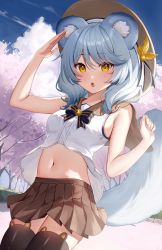 Rule 34 | 1girl, :o, absurdres, animal ears, arm up, armpit crease, bare arms, bare shoulders, black thighhighs, blue hair, bow, bowtie, breasts, brown skirt, cowboy shot, crop top, crop top overhang, day, hand up, hat, highres, illian-san, looking at viewer, midriff, miniskirt, navel, open mouth, original, outdoors, pleated skirt, sailor collar, shirt, short hair, skirt, sleeveless, sleeveless shirt, small breasts, solo, standing, stomach, tail, thighhighs, white shirt, yellow eyes, zettai ryouiki