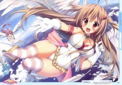 Rule 34 | 2girls, :d, absurdres, ahoge, armband, armlet, bodysuit, boots, breasts, brown hair, character request, cleavage, commentary, copyright request, dengeki moeou, feathers, flying, gloves, head wings, highres, huge filesize, leotard, looking at viewer, multiple girls, open mouth, pink eyes, pink hair, pink legwear, ponytail, purple eyes, saeki nao, skin tight, sky, smile, tareme, thighhighs, white legwear, white wings, wings