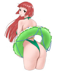 Rule 34 | 1girl, absurdres, ass, blunt bangs, blunt ends, breasts, brown eyes, cowboy shot, cropped legs, dismaiden, from behind, green one-piece swimsuit, hair ornament, hairclip, halterneck, highleg, highleg swimsuit, highres, innertube, large breasts, looking back, one-piece swimsuit, one-piece thong, original, red hair, solo, swim ring, swimsuit, thong swimsuit
