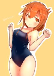 Rule 34 | 1girl, absurdres, blue one-piece swimsuit, brown eyes, brown hair, covered navel, cowboy shot, folded ponytail, hair between eyes, highres, inazuma (kancolle), kantai collection, katsuten, long hair, new school swimsuit, one-piece swimsuit, school swimsuit, solo, swimsuit, thighs, twitter username, yellow background