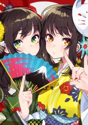 Rule 34 | 2girls, artist name, blue flower, brown hair, brown nails, closed mouth, commentary request, covered mouth, fingernails, floral print, flower, folding fan, fox mask, fox shadow puppet, green eyes, green kimono, green nails, hair flower, hair ornament, hand fan, hand up, highres, holding, holding fan, japanese clothes, kimono, long hair, mask, mask on head, mika pikazo, multicolored nails, multiple girls, nail polish, obi, oni mask, original, print kimono, red eyes, red nails, sash, seigaiha, signature, striped, upper body, vertical stripes, yellow flower, yellow kimono