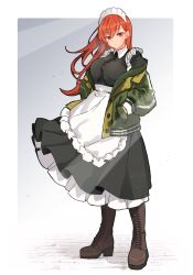 Rule 34 | 1girl, absurdres, alternate costume, apron, black dress, boots, breasts, brick floor, brown eyes, brown hair, dress, enmaided, frilled apron, frills, full body, grey background, hand in pocket, highres, jacket, kantai collection, large breasts, looking at viewer, maid, maid apron, maid headdress, mochizou, ooi (kancolle), solo, sunlight, waist apron, white apron