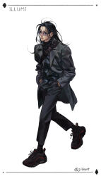 Rule 34 | 1boy, absurdres, alternate costume, artist name, bespectacled, black eyes, black footwear, black hair, black jacket, black pants, black shirt, black socks, buckle, character name, closed mouth, coat, collar, collared coat, collared jacket, commentary, earrings, expressionless, full body, glasses, grey coat, hands in pockets, highres, hunter x hunter, illumi zoldyck, jacket, jewelry, jidaart, lips, long hair, long sleeves, looking to the side, male focus, open clothes, open coat, pants, pocket, red trim, shirt, shoelaces, shoes, sneakers, socks, solo, striped clothes, turtleneck, vertical-striped clothes, walking, white background, wrinkled fabric