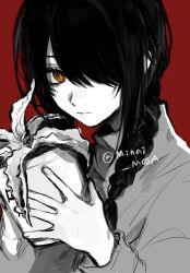 Rule 34 | 1girl, aloe (plant), black hair, braid, braided ponytail, chainsaw man, hair over one eye, looking at viewer, medium hair, minai mosa, nayuta (chainsaw man), plant, potted plant, red background, ringed eyes, simple background, solo, spot color, twitter username, yellow eyes