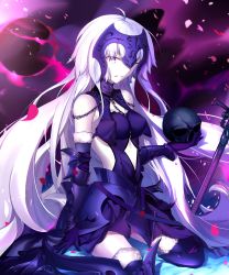 Rule 34 | 1girl, absurdly long hair, ahoge, argyle, argyle clothes, argyle cutout, armor, armored boots, armored dress, black footwear, black gloves, blue dress, blue thighhighs, boots, breasts, chain, cleavage, clothing cutout, dress, elbow gloves, excalibur morgan (fate), fate/grand order, fate (series), floating hair, fur trim, gloves, grey eyes, highres, holding, holding skull, jeanne d&#039;arc (fate), jeanne d&#039;arc alter (avenger) (fate), jeanne d&#039;arc alter (avenger) (third ascension) (fate), jeanne d&#039;arc alter (fate), kneeling, long hair, looking at viewer, medium breasts, navel cutout, parted lips, petals, silver hair, skull, sleeveless, sleeveless dress, smile, solo, sword, thighhighs, very long hair, weapon