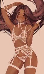Rule 34 | 1girl, arm up, armpits, artist name, bare shoulders, black hair, blush, bra, brown eyes, choker, commentary, dark-skinned female, dark skin, demi (nashidrop), english commentary, flat chest, highres, jewelry, lingerie, long hair, looking at viewer, nashidrop, navel, necklace, open mouth, original, panties, pearl necklace, petite, simple background, solo, twitter username, underwear, underwear only, very long hair, white background, white bra, white choker, white panties