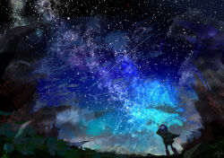Rule 34 | 1girl, amatsuki rei, commentary request, facing away, from behind, grass, highres, looking up, milky way, nebula, night, night sky, original, purple hair, rock, scenery, shooting star, signature, sky, solo, standing, star (sky), starry sky