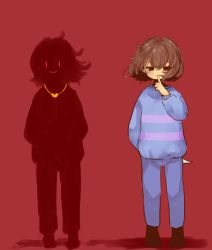 Rule 34 | 1girl, androgynous, bad id, bad twitter id, brown eyes, brown hair, chara (undertale), dark persona, expressionless, finger to mouth, frisk (undertale), full body, heart, heart necklace, jewelry, knife, knife behind back, koyashaka, looking at viewer, necklace, pants, red background, short hair, silhouette, simple background, smile, spoilers, standing, striped clothes, striped sweater, sweater, undertale, | |