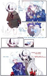 Rule 34 | 2girls, aged down, ahoge, arlecchino (genshin impact), ascot, asymmetrical gloves, black eyes, black gloves, black hair, blue eyes, blue jacket, blue pupils, blush, candy, child, coat, commentary, english text, food, furina (genshin impact), genshin impact, gloves, grey shirt, hand on another&#039;s chest, hashtag-only commentary, heterochromia, highres, holding, holding candy, holding food, jacket, long sleeves, mismatched gloves, mismatched pupils, multicolored hair, multiple girls, nervous sweating, purple ascot, red pupils, roymsygxelaxpgk, shirt, smile, sparkle, streaked hair, sweat, symbol-shaped pupils, white coat, white gloves, white hair, x-shaped pupils, yuri